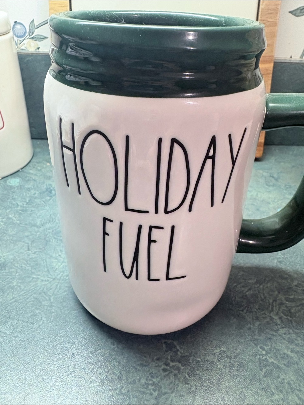 Rae Dunn “Holiday Fuel” Green-Trim Ceramic Coffee Mug - LNC